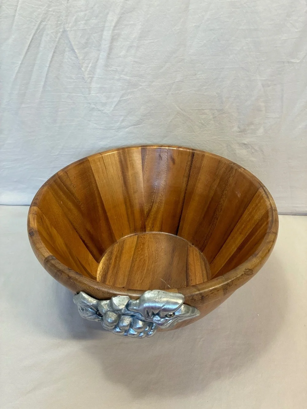 Bella Vineyard Wooden Bowl with Silver Grape Cluster Accent, Made in Thailand